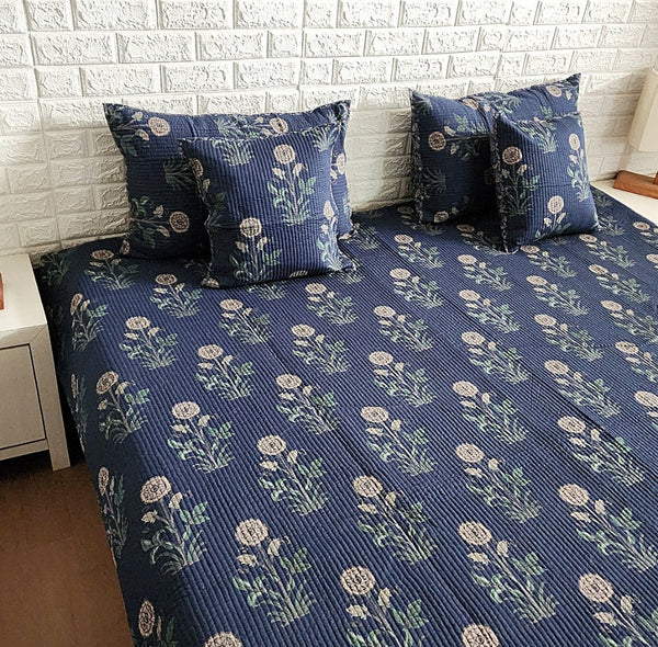 Indigo Blue Floral Motif Ajrakh Quilted Bedcover