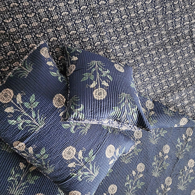 Indigo Blue Floral Motif Ajrakh Quilted Bedcover