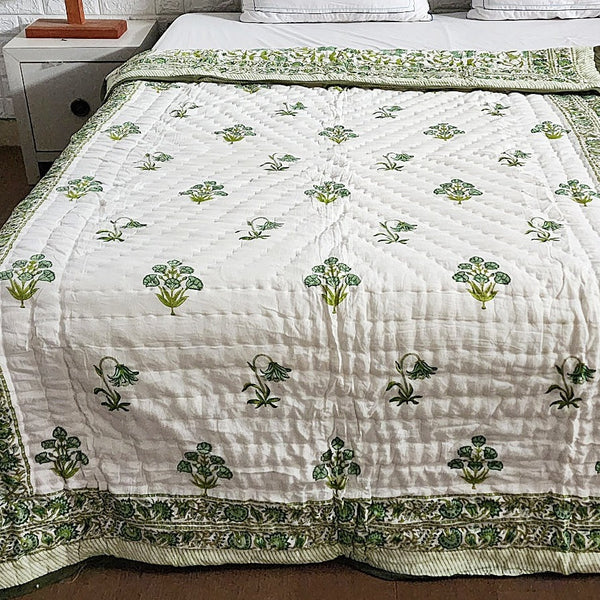 Green Flora Hand Blocked Quilt