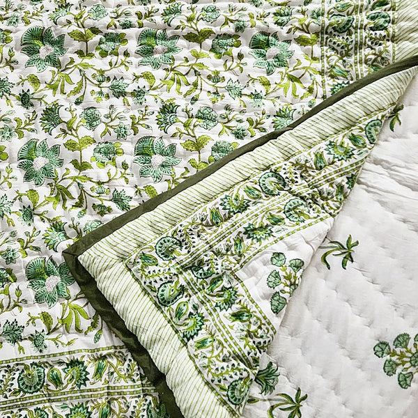 Green Flora Hand Blocked Quilt