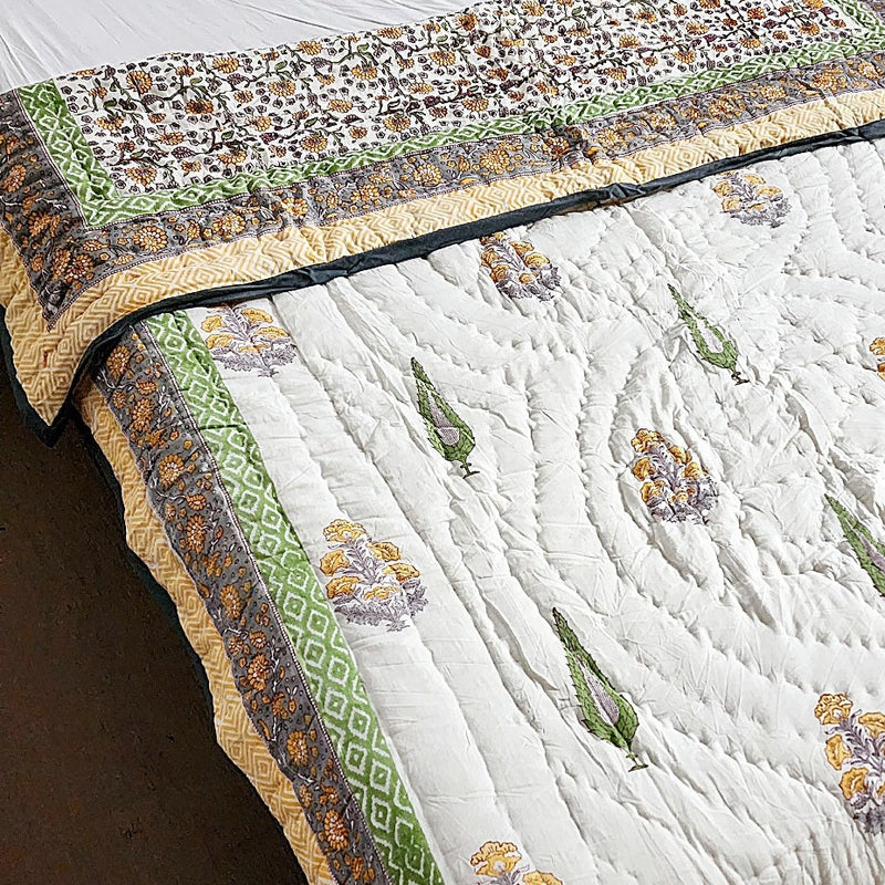 Green and Yellow Floral Hand Blocked Quilt
