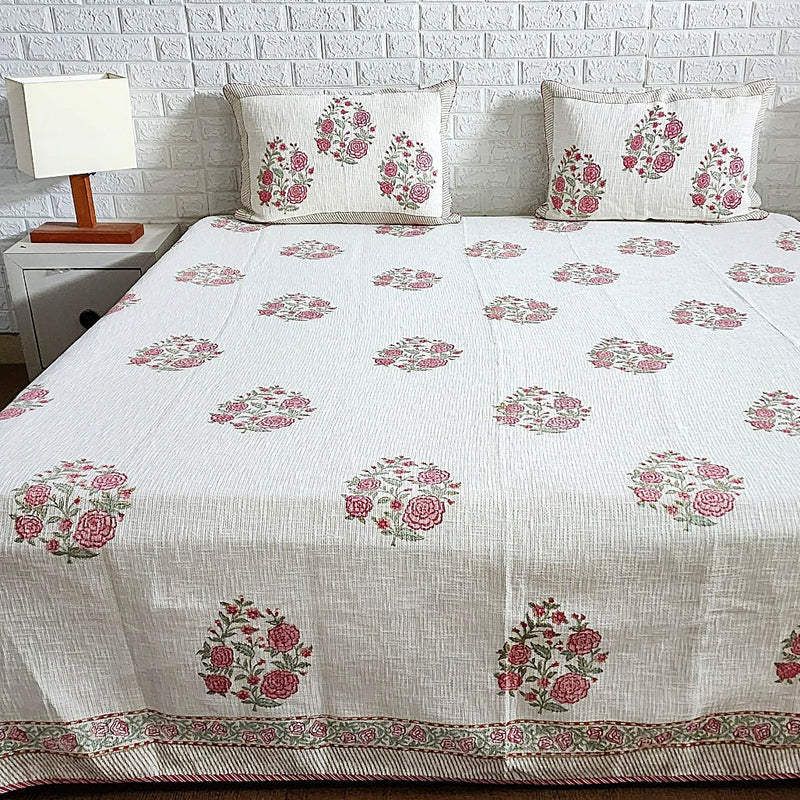 Rose Flower Motif Hand Blocked Jute Linen Bedcover