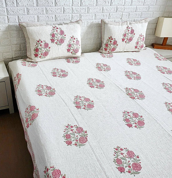 Rose Flower Motif Hand Blocked Jute Linen Bedcover