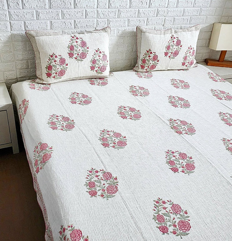 Rose Flower Motif Hand Blocked Jute Linen Bedcover