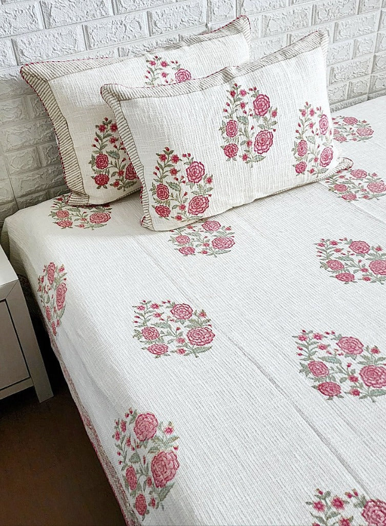 Rose Flower Motif Hand Blocked Jute Linen Bedcover
