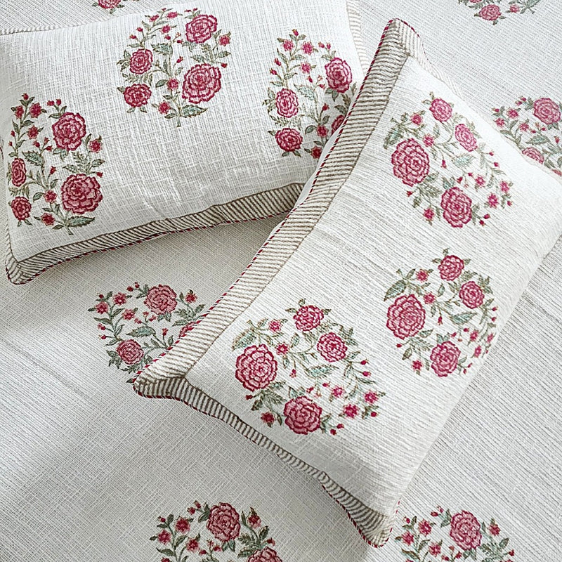 Rose Flower Motif Hand Blocked Jute Linen Bedcover