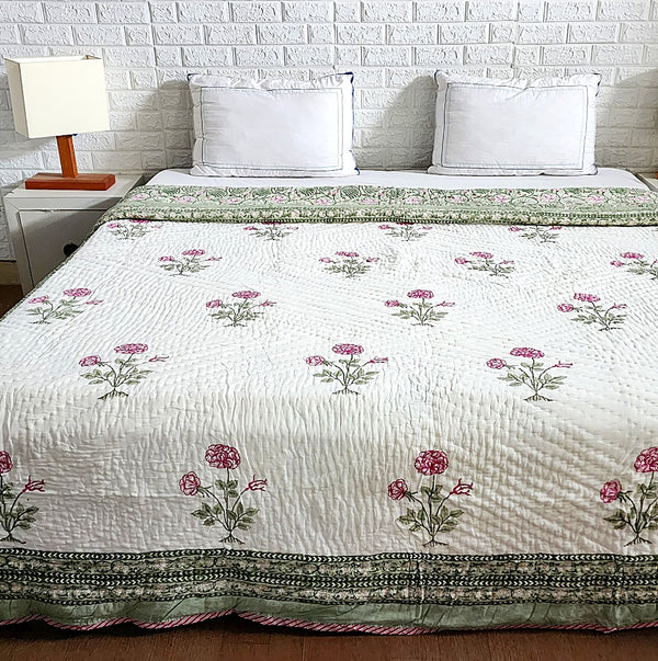 Green Floral Print Hand Blocked Quilt