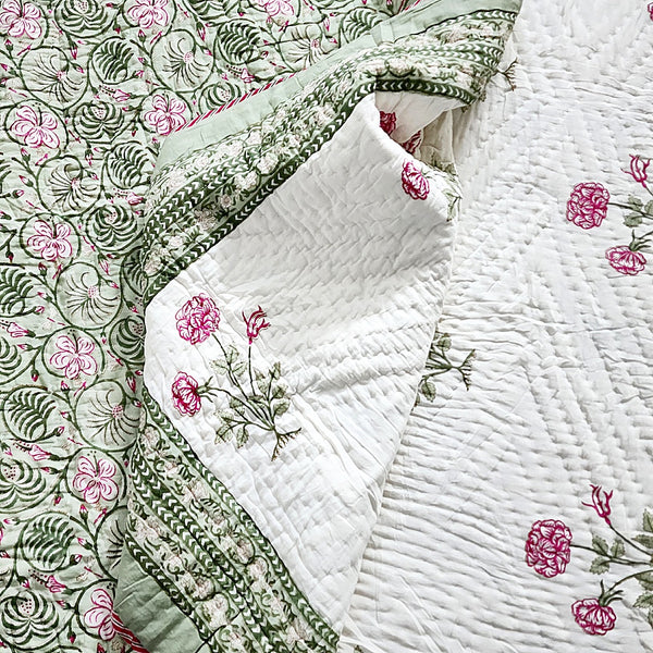 Green Floral Print Hand Blocked Quilt