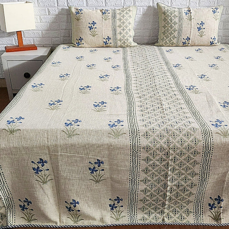 Blue Floral Buta Jute Hand Blocked Bedcover