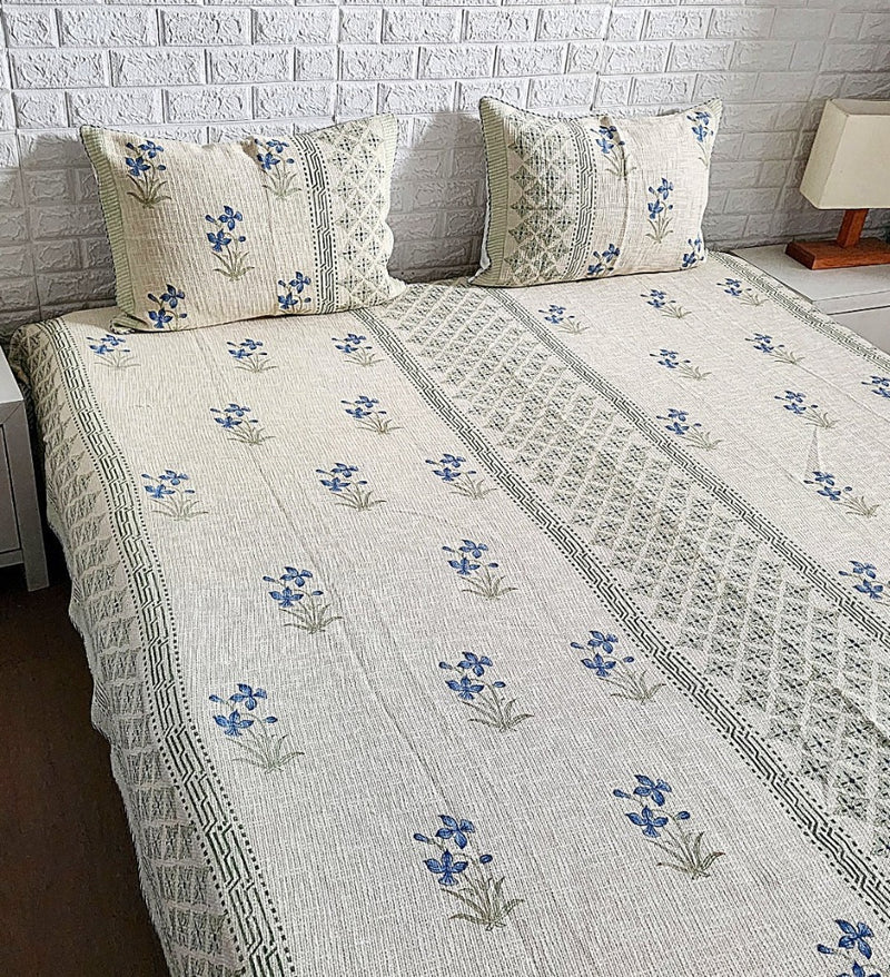 Blue Floral Buta Jute Hand Blocked Bedcover