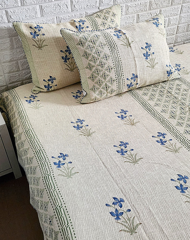 Blue Floral Buta Jute Hand Blocked Bedcover