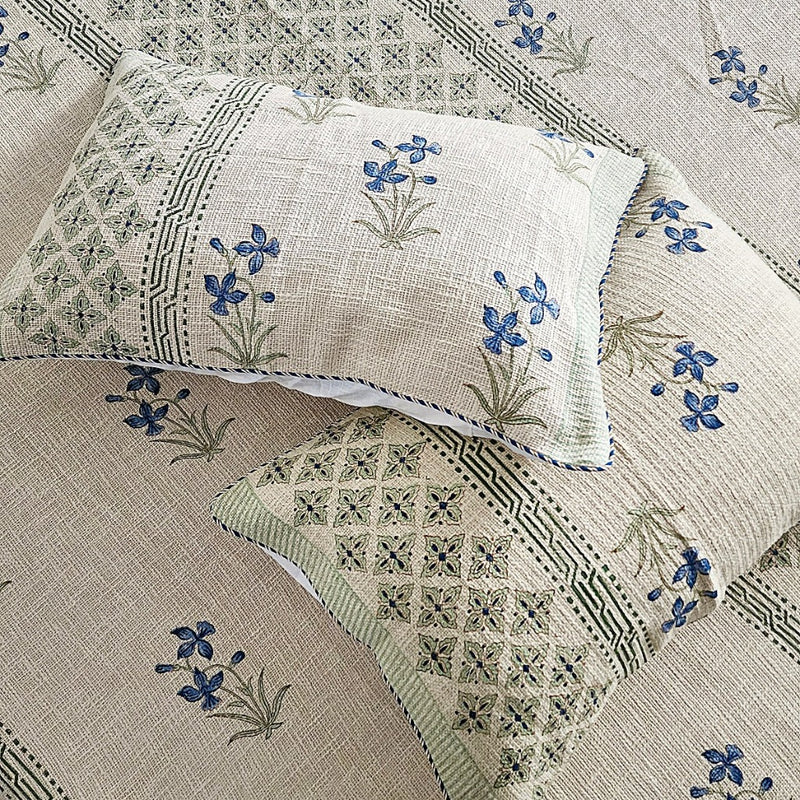 Blue Floral Buta Jute Hand Blocked Bedcover