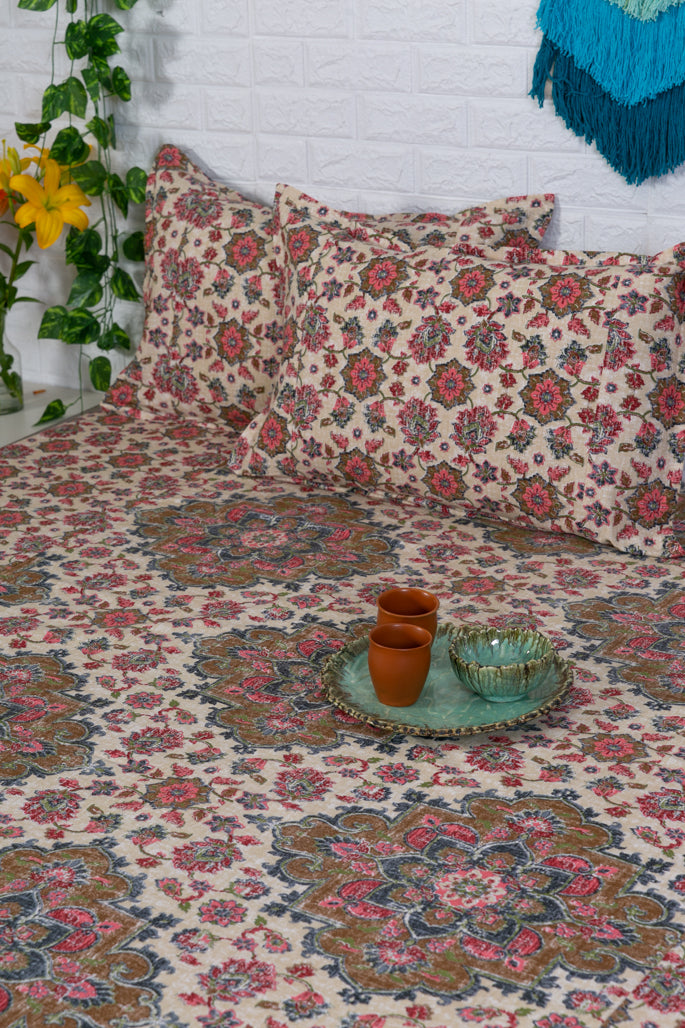 Beige and Red Floral Ajrakh Bedsheet
