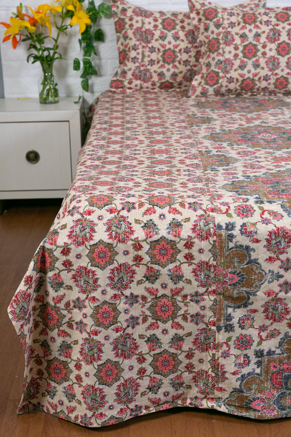 Beige and Red Floral Ajrakh Bedsheet