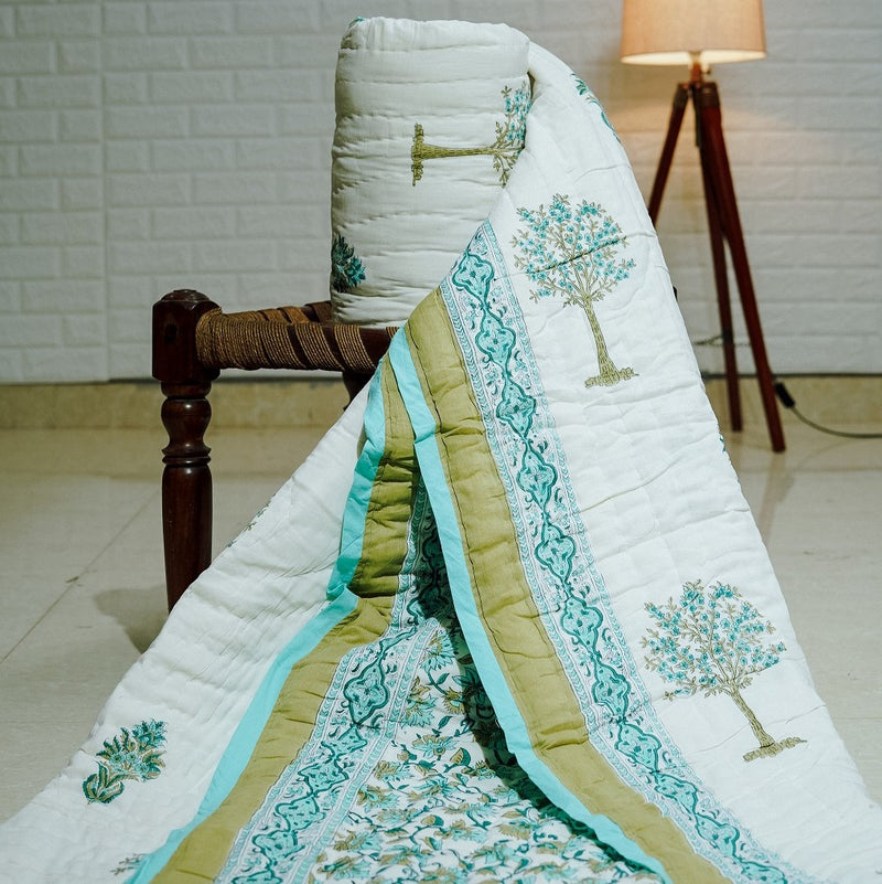 Sea Green Tree Motif Hand-Blocked Quilt
