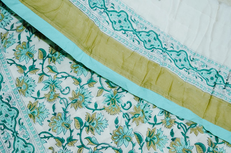 Sea Green Tree Motif Hand-Blocked Quilt
