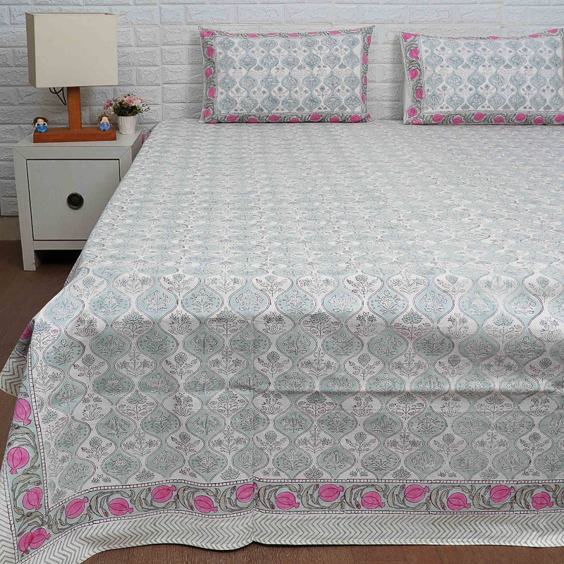 Turquoise with Pink Border Floral Jaal Blockprint Bedsheet