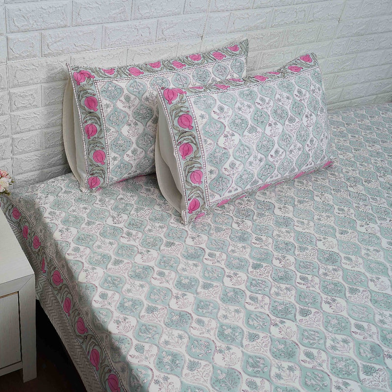 Turquoise with Pink Border Floral Jaal Blockprint Bedsheet