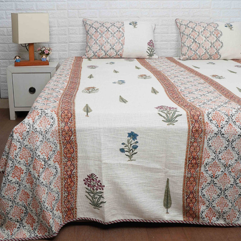 Jute Cotton Bedcover - Hand-blocked Beige Base with Pink Floral Motif