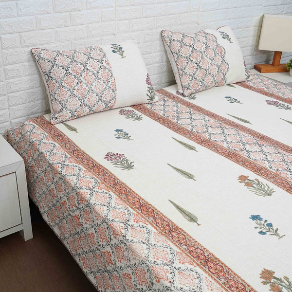Jute Cotton Bedcover - Hand-blocked Beige Base with Pink Floral Motif