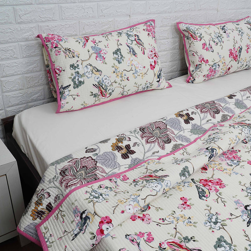Enchanting Florals Hand Blocked Quilted Bedcover