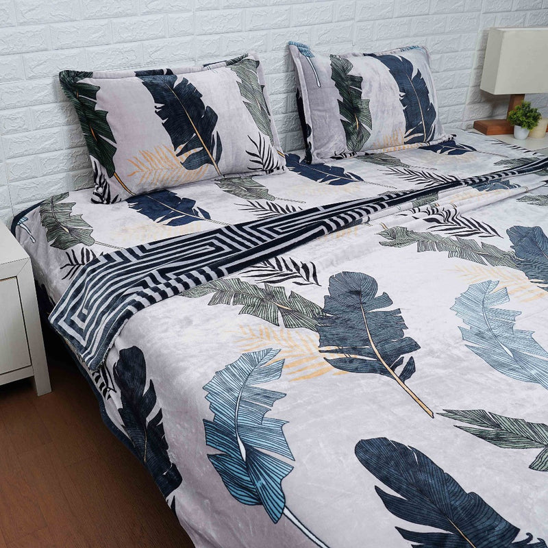 Grey Base With Blue and Green Leaf Warm Single Duvet Cover