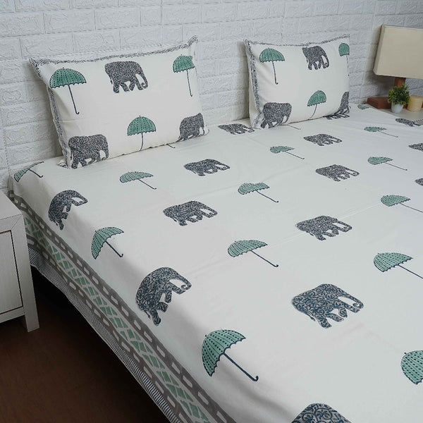 Elephant and Umbrella Motif Hand Blocked Duck Cotton Bedcover