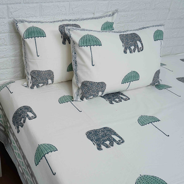 Elephant and Umbrella Motif Hand Blocked Duck Cotton Bedcover