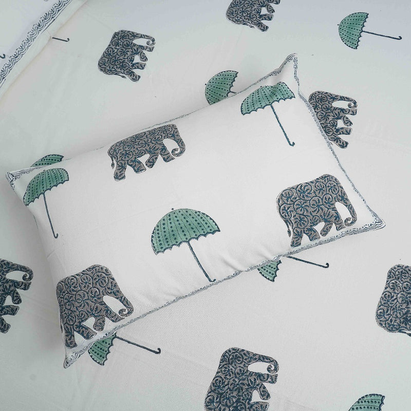 Elephant and Umbrella Motif Hand Blocked Duck Cotton Bedcover