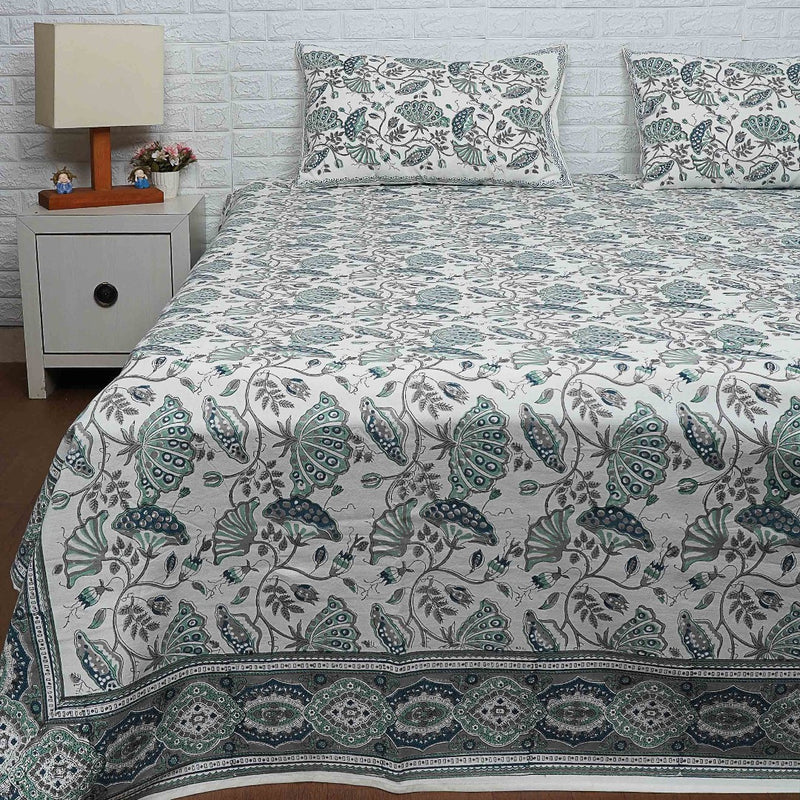Blue and Green Floral Print Hand-Blocked Duck Cotton Bed Cover
