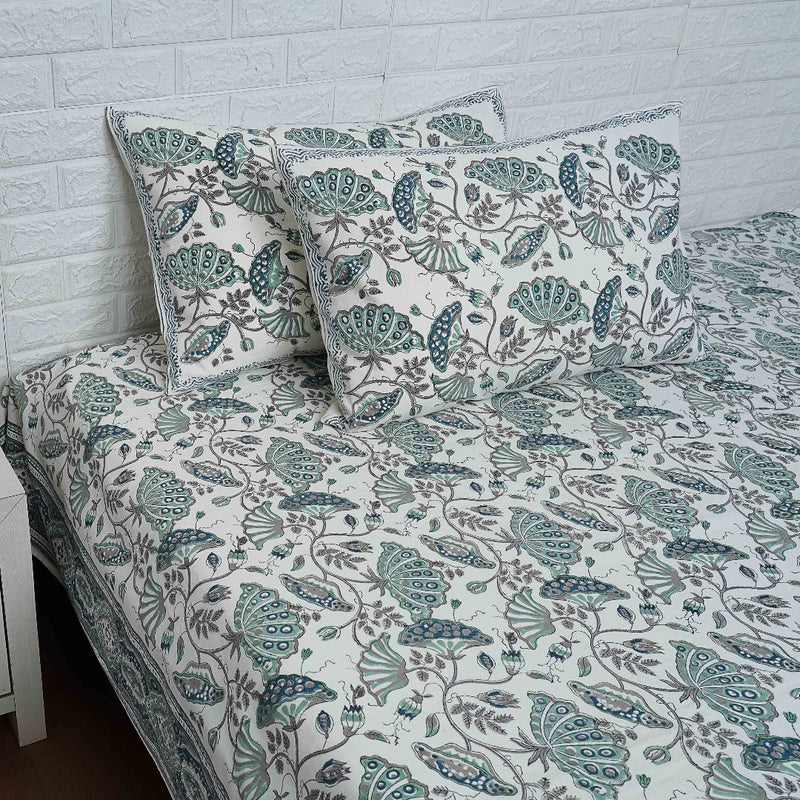 Blue and Green Floral Print Hand-Blocked Duck Cotton Bed Cover