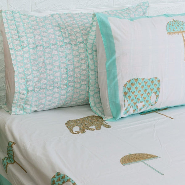 Elephant and Umbrella Motif Blockprint Bedsheet