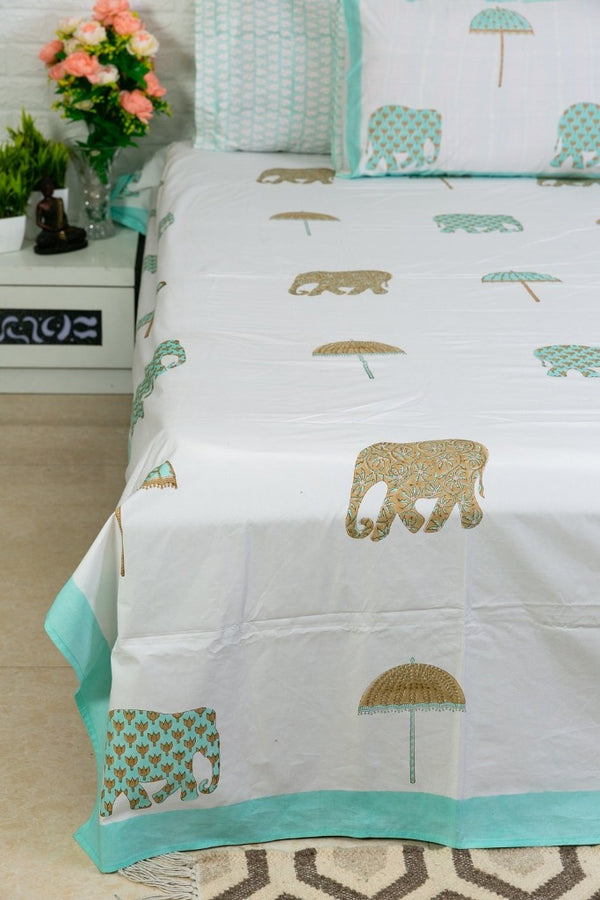 Elephant and Umbrella Motif Blockprint Bedsheet