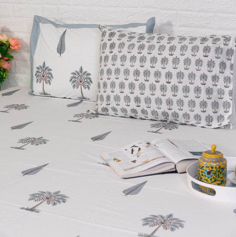 Grey Cypress and Palm Tree Motif Blockprint Bedsheet