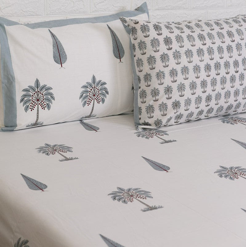 Grey Cypress and Palm Tree Motif Blockprint Bedsheet