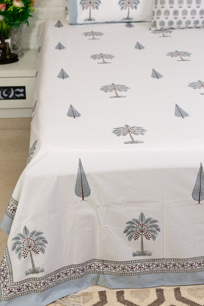Grey Cypress and Palm Tree Motif Blockprint Bedsheet