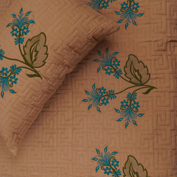 Copper Brown with Blue Embroidery Silk Cotton Bedcover
