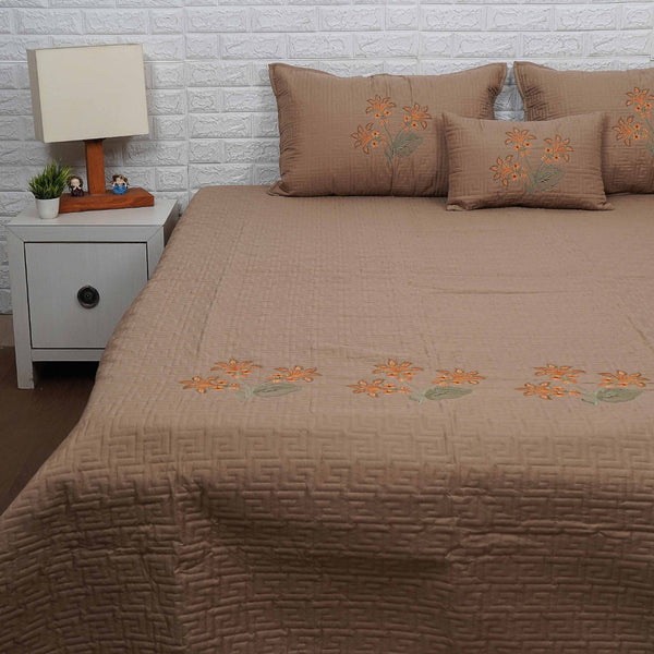 Peanut Brown with Coral Embroidery Silk Cotton Bedcover