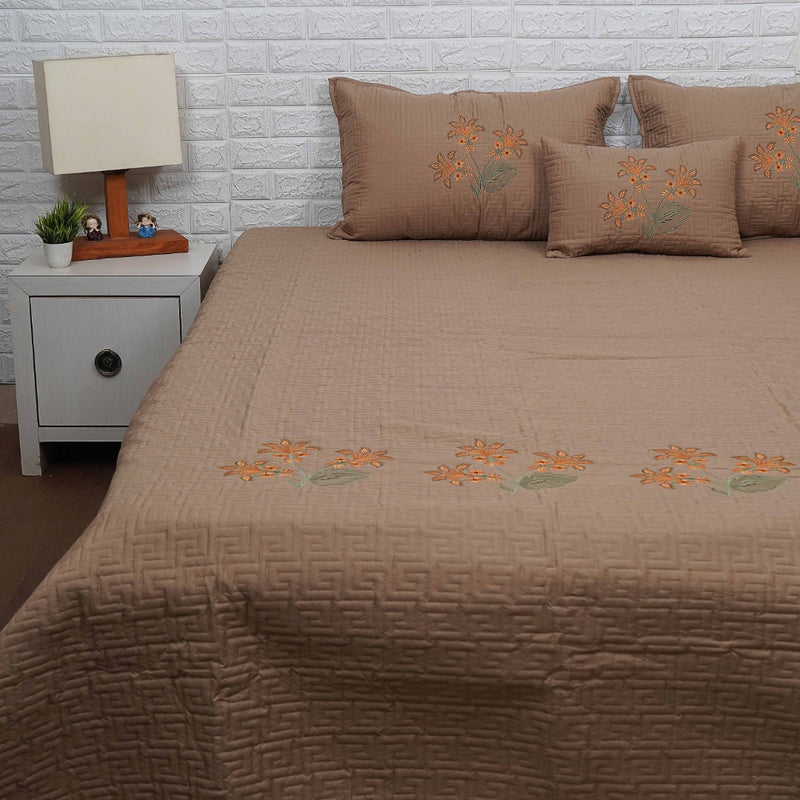 Peanut Brown with Coral Embroidery Silk Cotton Bedcover
