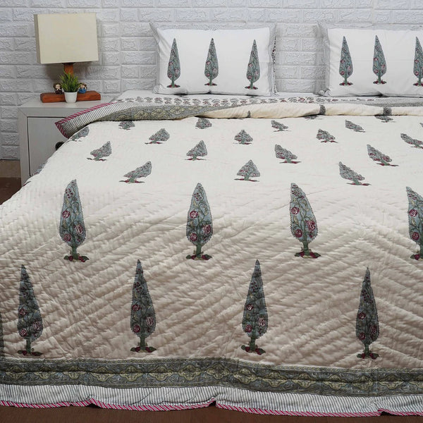 Block Print Cotton Double Quilt Set - Garden of Eden
