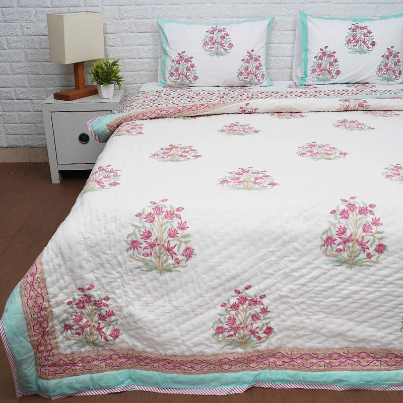 Block Print Jaipuri Cotton Quilt Set- Mughal Flora