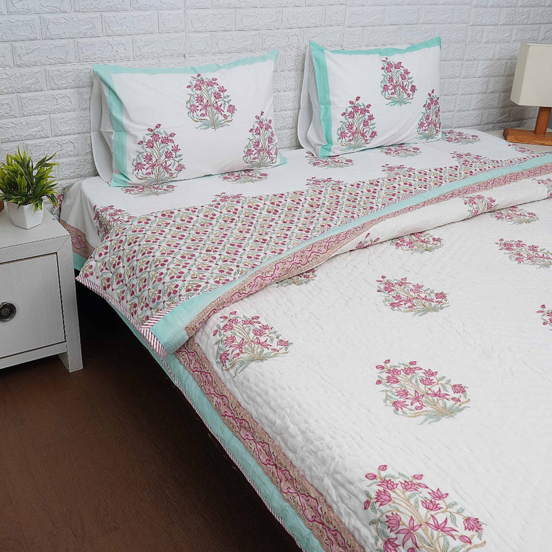 Block Print Jaipuri Cotton Quilt Set- Mughal Flora