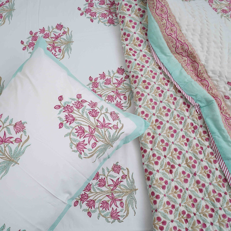 Block Print Jaipuri Cotton Quilt Set- Mughal Flora