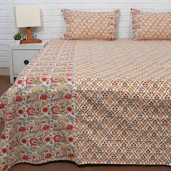 Red and Yellow Floral Pattern Ajrakh Bedsheet