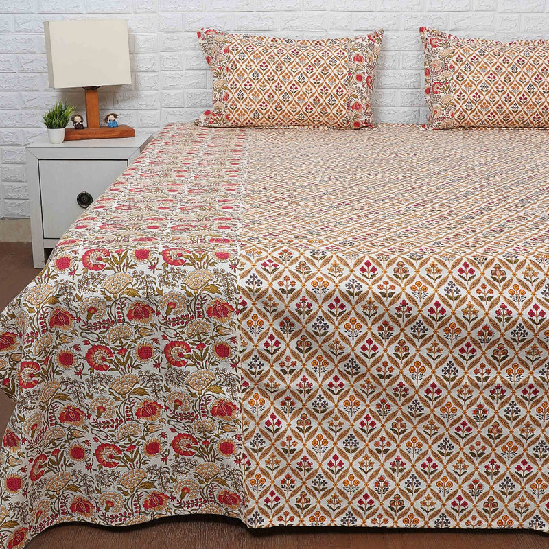 Red and Yellow Floral Pattern Ajrakh Bedsheet