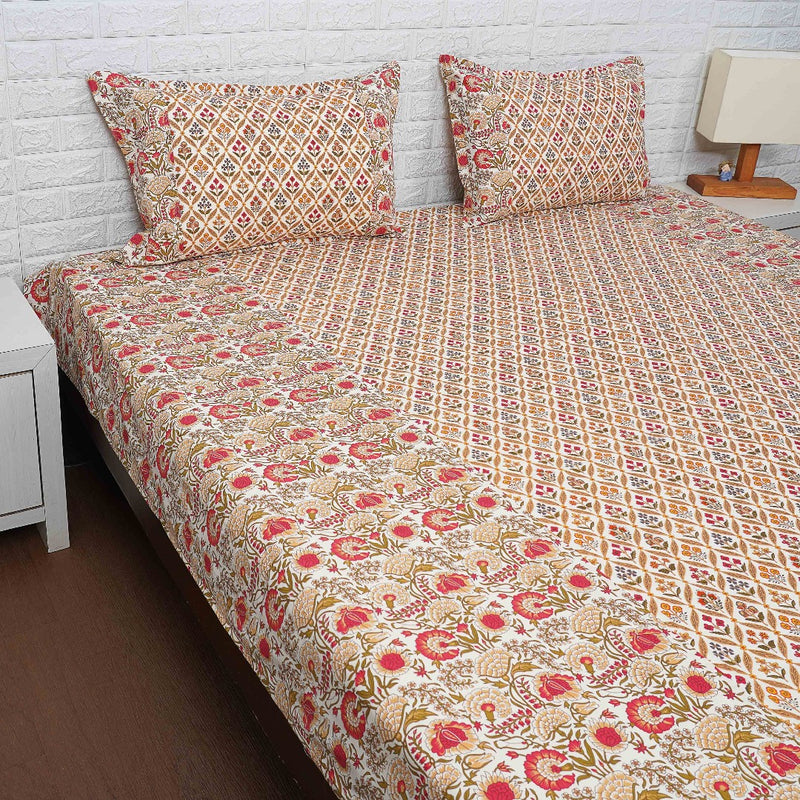 Red and Yellow Floral Pattern Ajrakh Bedsheet