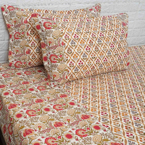 Red and Yellow Floral Pattern Ajrakh Bedsheet