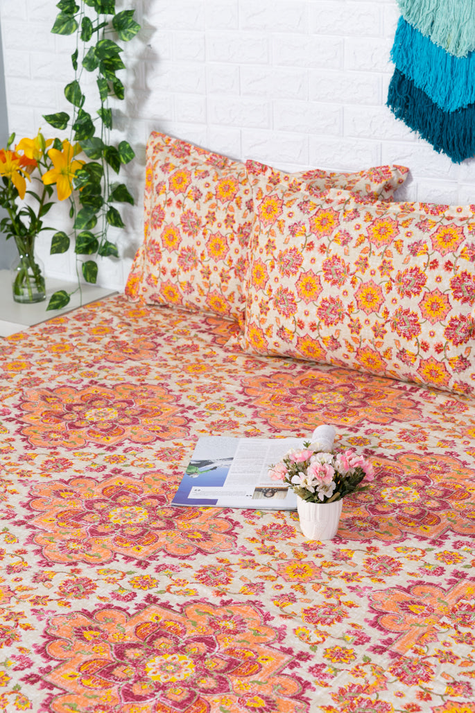 Maroon and Merigold Flower Print Ajrakh Bedsheet