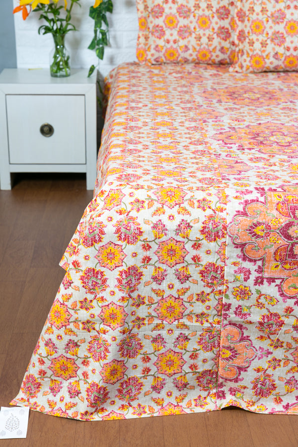 Maroon and Merigold Flower Print Ajrakh Bedsheet
