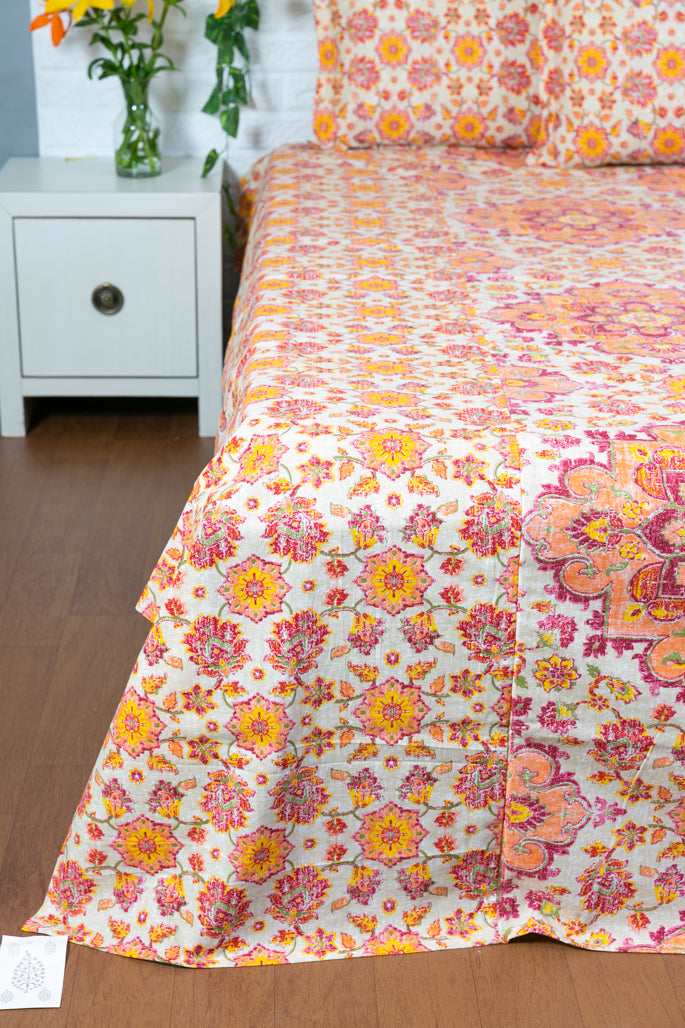 Maroon and Merigold Flower Print Ajrakh Bedsheet